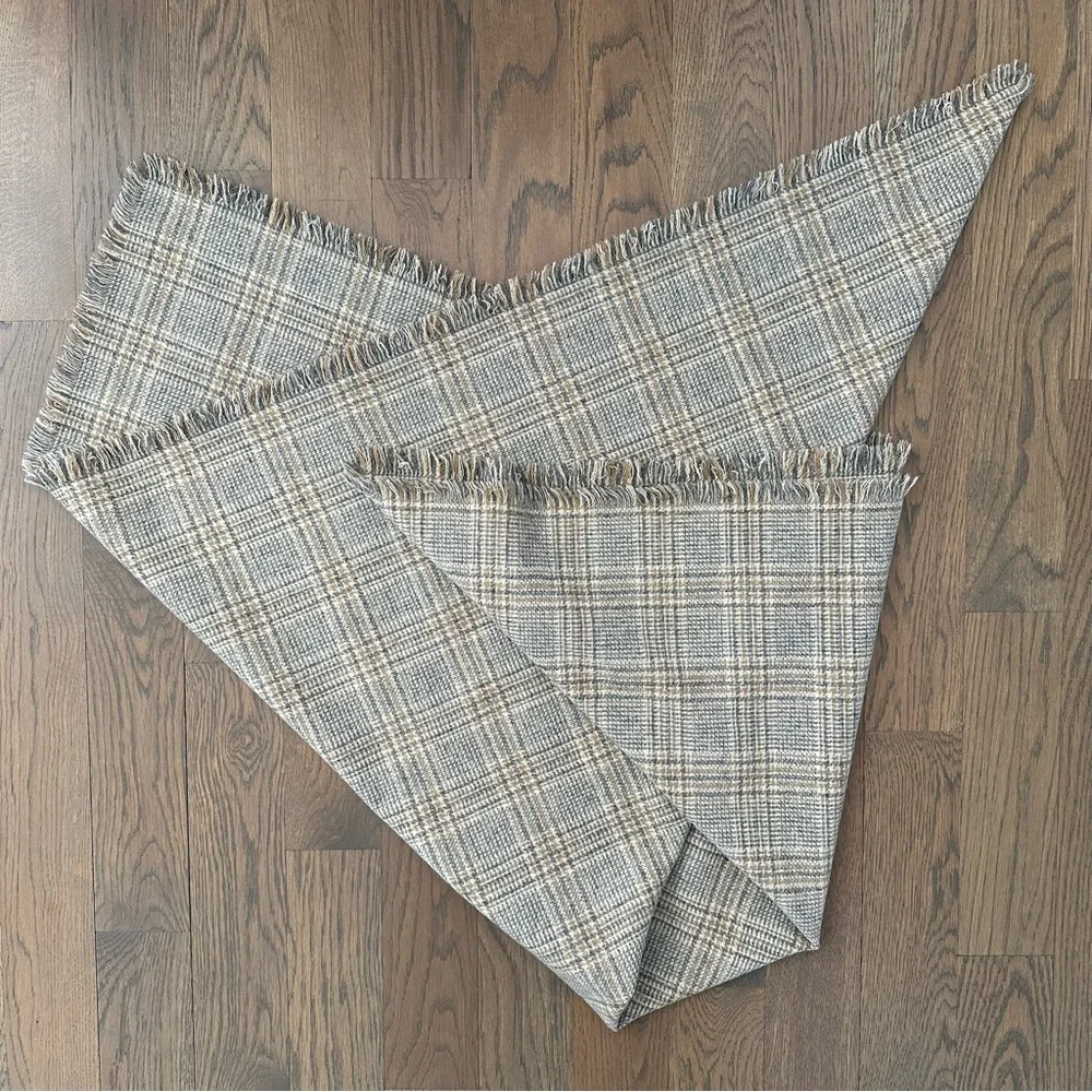 Eskandar Wool Oversized Plaid Fringed Scarf in Cream, Grey, Tan 47